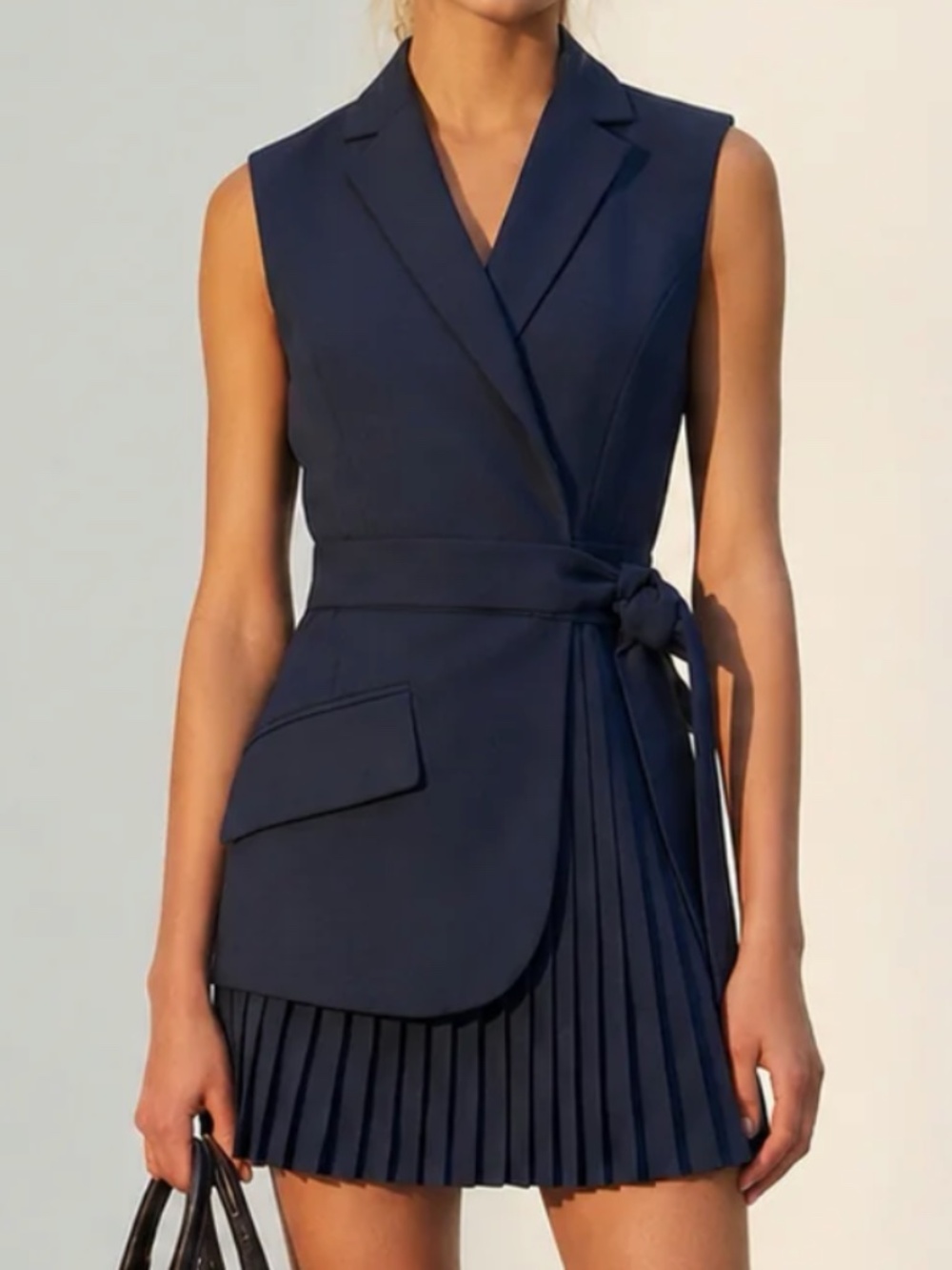 Belted Pleated Sleeveless Blazer Dress